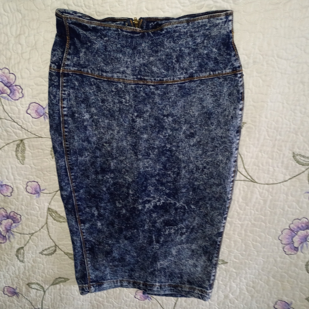 Y2K Acid Wash Bodycon Mini Skirt Preppy School Girl Zip Up Rock Roll